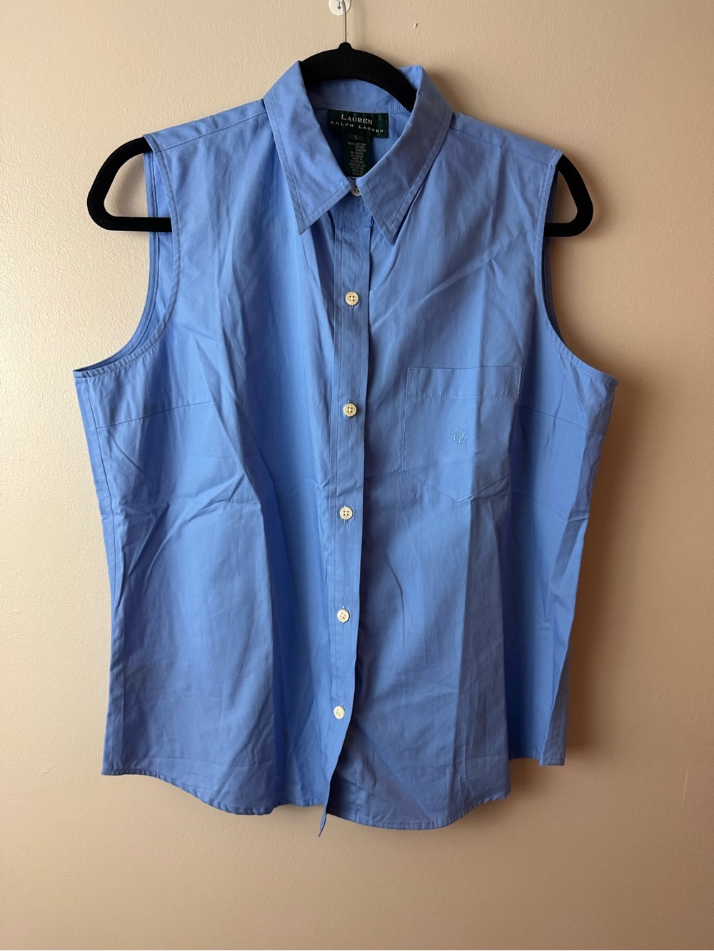 Lauren Ralph Lauren Blue Sleeveless Button Down Cotton Shirt Large